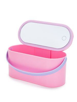 סל אחסון קומפקטי עם מראה מוארת ורוד